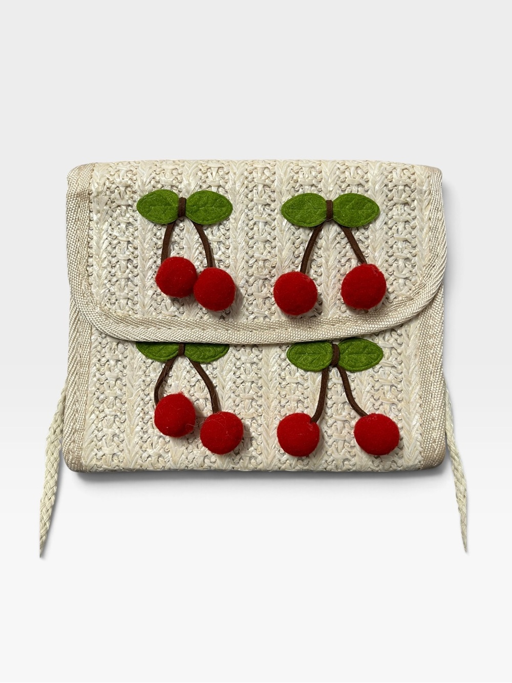 Straw Crossbody Shoulder Bag with Red Cherry Appliqué